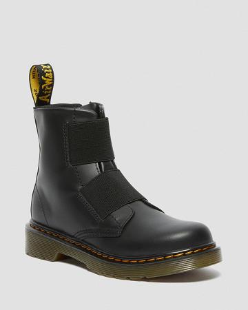 Black Kids' Dr Martens Junior 1460 Elastic Leather Lace Up Boots | CA 673HAP